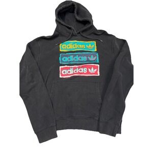 Adidas Mens Black Tri Linear Logo Long Sleeve Pockets Hooded Sweatshirt Size S